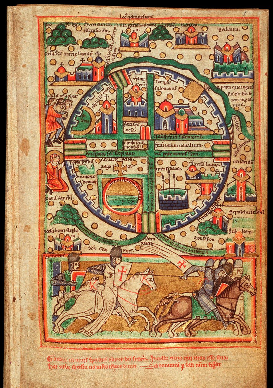Plan of Jerusalem, Psalter Fragment - Watercolour on Parchment (ca. 1200) by Unknown artist