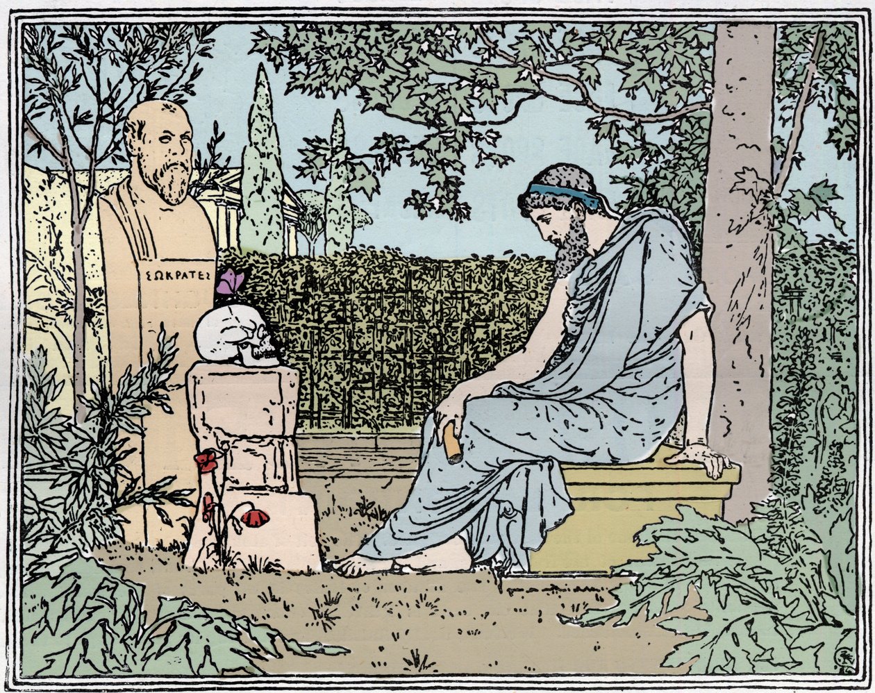 Plato Meditating on Immortality Before Socrates, the Butterfly, Skull, and Poppy About 400 BC - Engraving of the 19th Century by Unknown artist