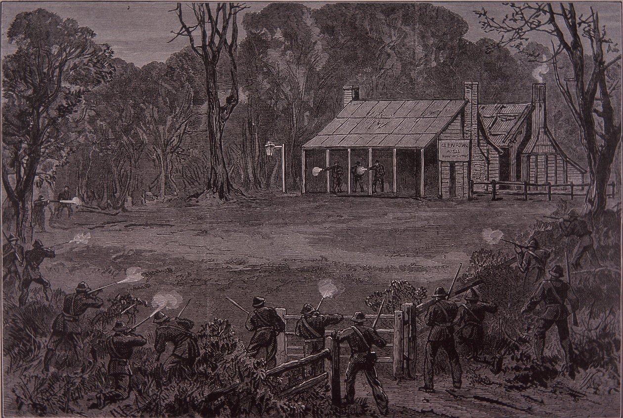Police Open Fire on the Kelly Gang in the Glenrowan Hotel, 28 June 1880 by Unknown artist