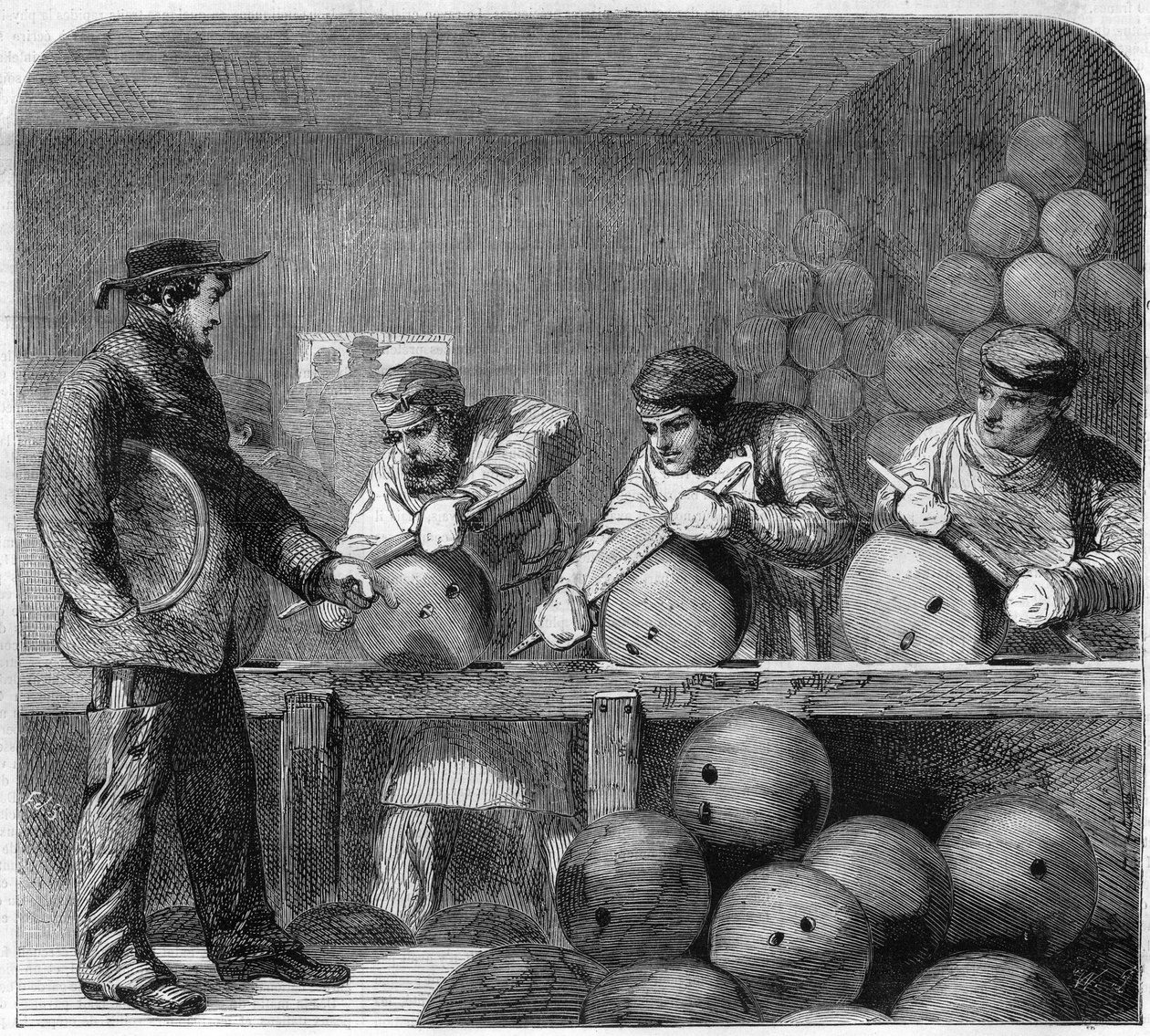 Polishing Workshop of the Bomb Foundry in Woolwich Arsenal, Suburbs of London, England. Engraving in 