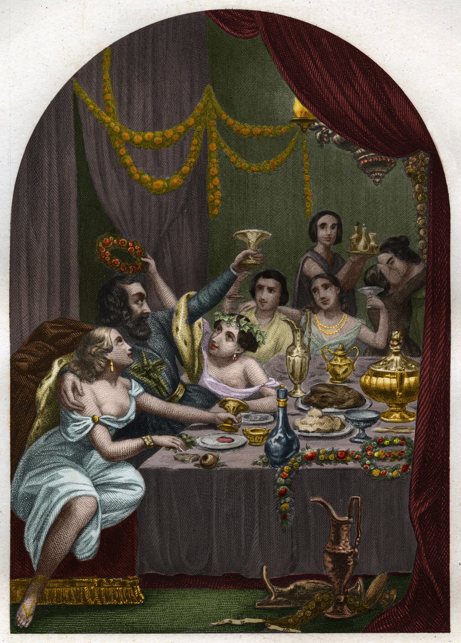 Pope Alexander VI (1431-1503) celebrates the marriage of his daughter Lucrece Borgia with 50 courtesans in the Vatican. Engraving from 1842 in 