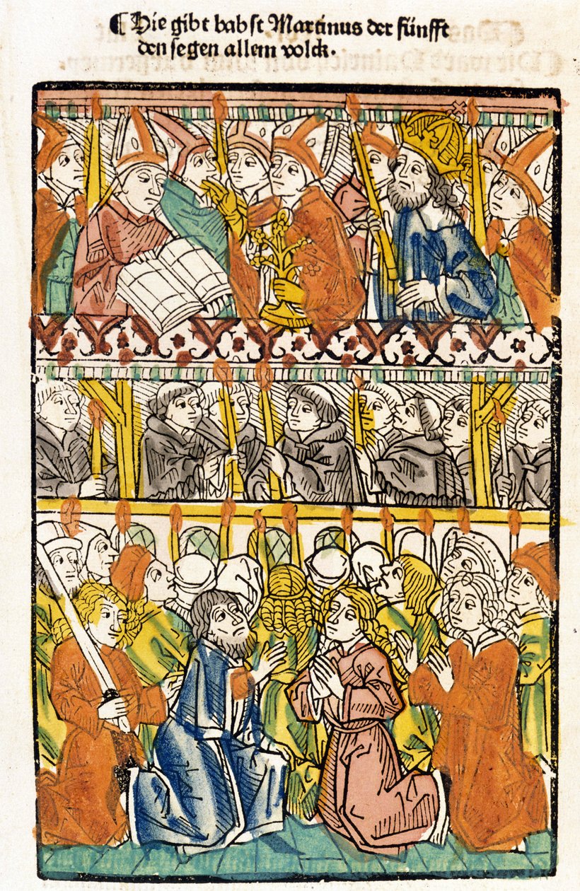Pope Martin V (1368 - 1431) elected at the Council of Constance (1417) ending the great schism of the West carries out the blessing. “Das concilium” by Unknown artist
