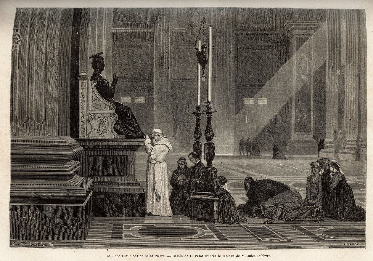 Pope Pius IX (1792-1878) collected at the foot of the statue of St. Peter, at the entrance of the Basilica, in the Vatican. Engraving to illustrate the Rome story, by Francis Wey, in 1864-1868, published in le tour du monde, edited by Edouard Charton by Unknown artist