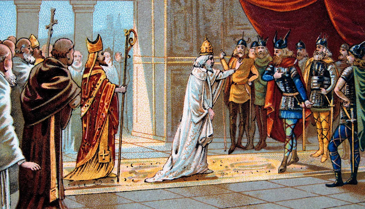 Pope Stephen II implores the help of Pepin the Short against the Lombards in 754 in Ponthion Palace by Unknown artist