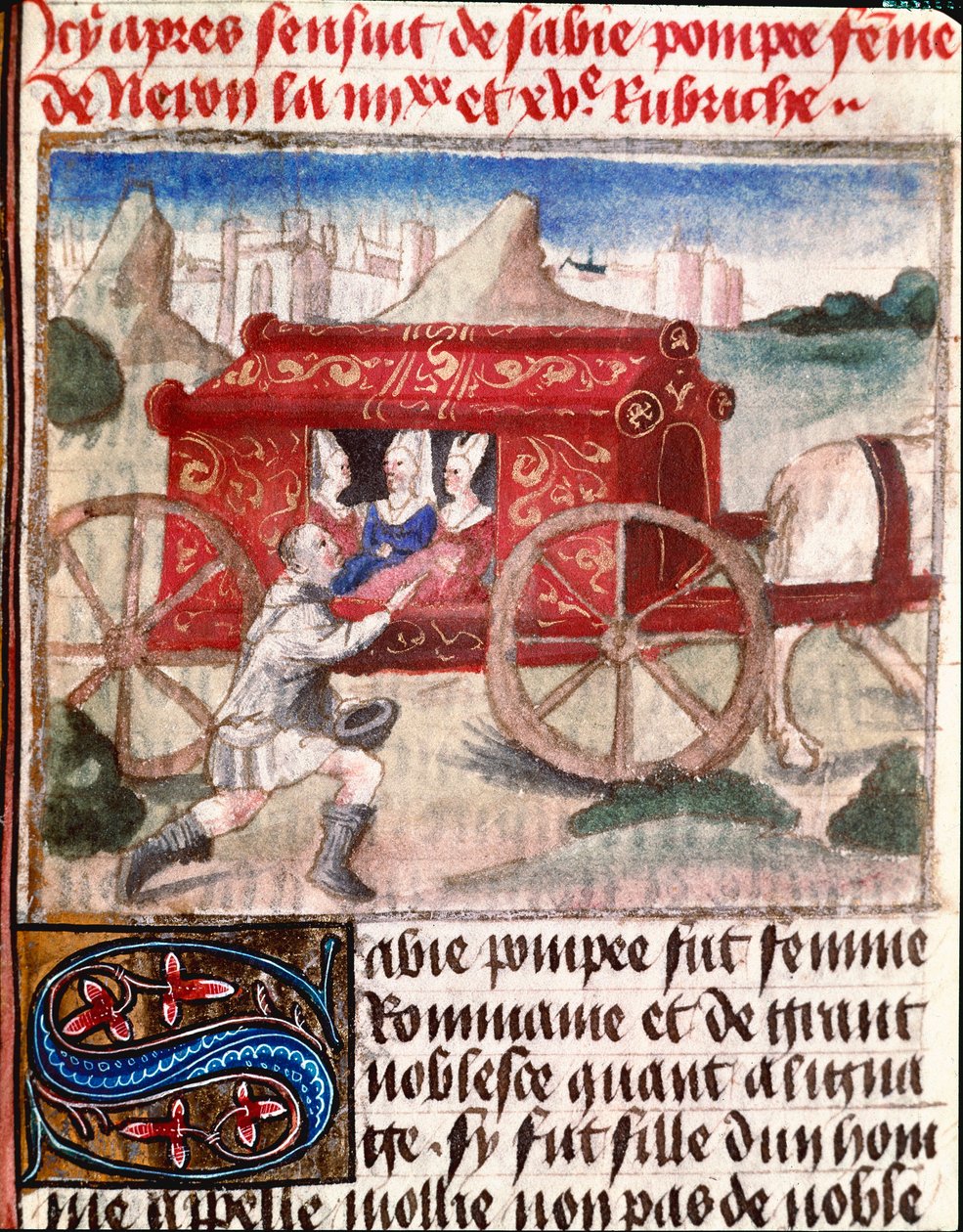 Poppaea, wife of Roman Emperor Nero, receiving a messenger. Miniature from 