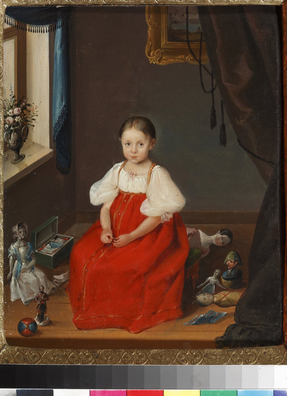 Portrait of a Girl in a Red Sarafan with Toys by Unknown artist