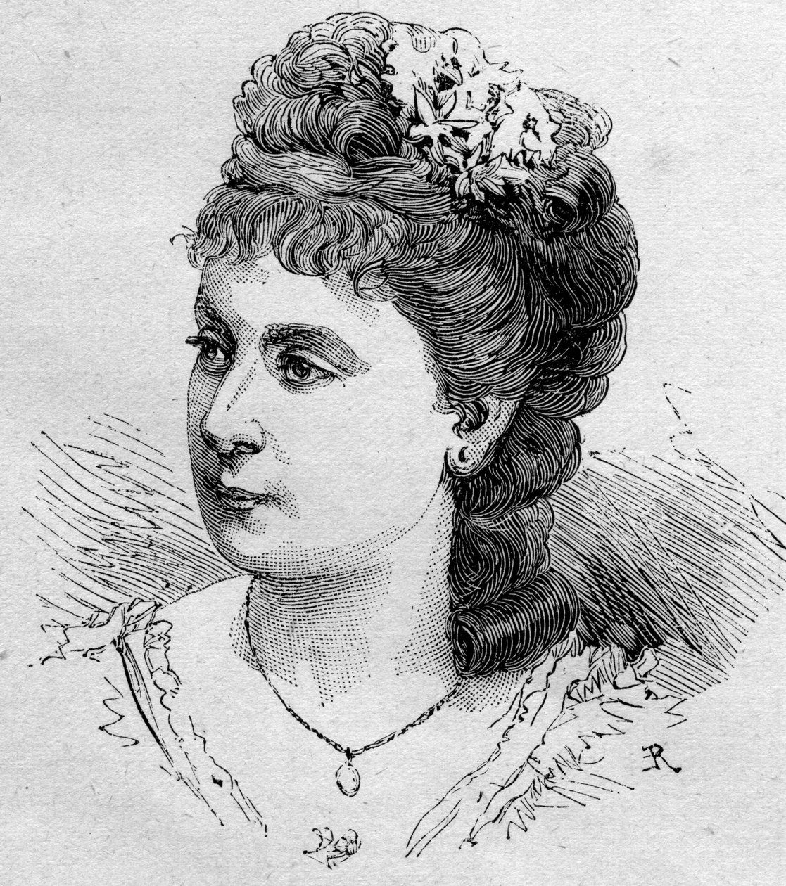 Portrait of Blanche Baretta, French comedian, member of the Comedie Francaise from 1875 to 1901. Engraving in Le Monde Illustré n°1168 of 16 August 1879 by Unknown artist