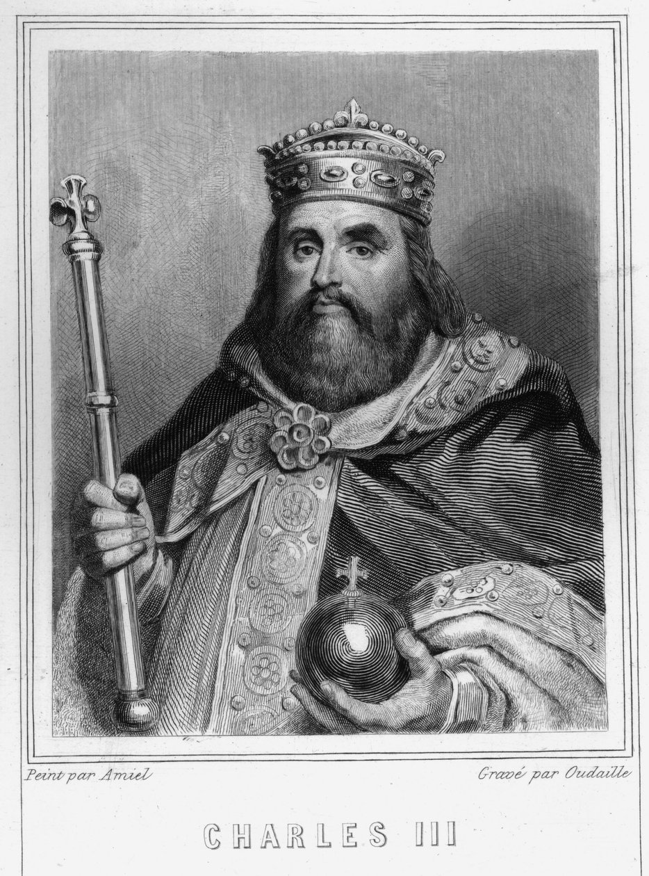 Portrait of Charles III (839-888), Emperor of the West (881-887) and Regent of France (884-887) - in Histoire des Français by Lavallée, engraving, sd by Unknown artist