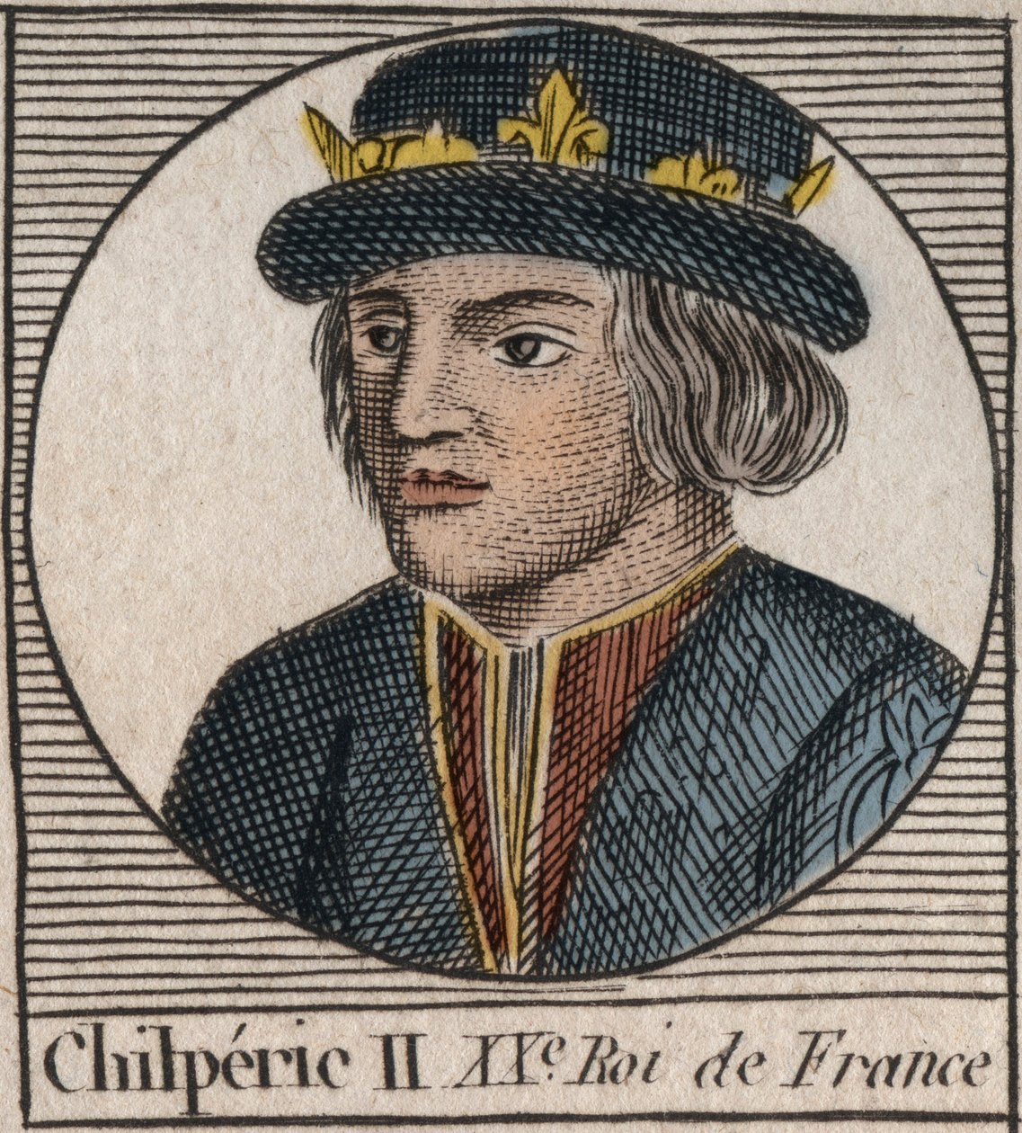 Portrait of Chilperic II, King of Neustria - engraving from 
