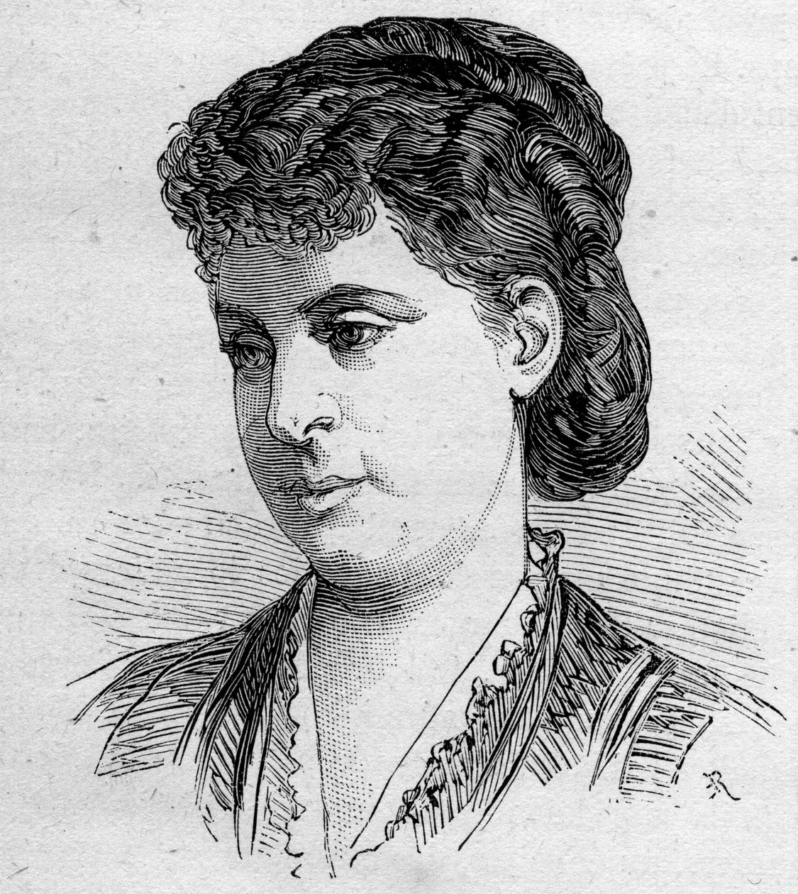 Portrait of Edile Riquer, French comedian, member of the Comedie Francaise from 1856 to 1884. Engraving in Le Monde Illustré n°1168 of 16 August 1879 by Unknown artist