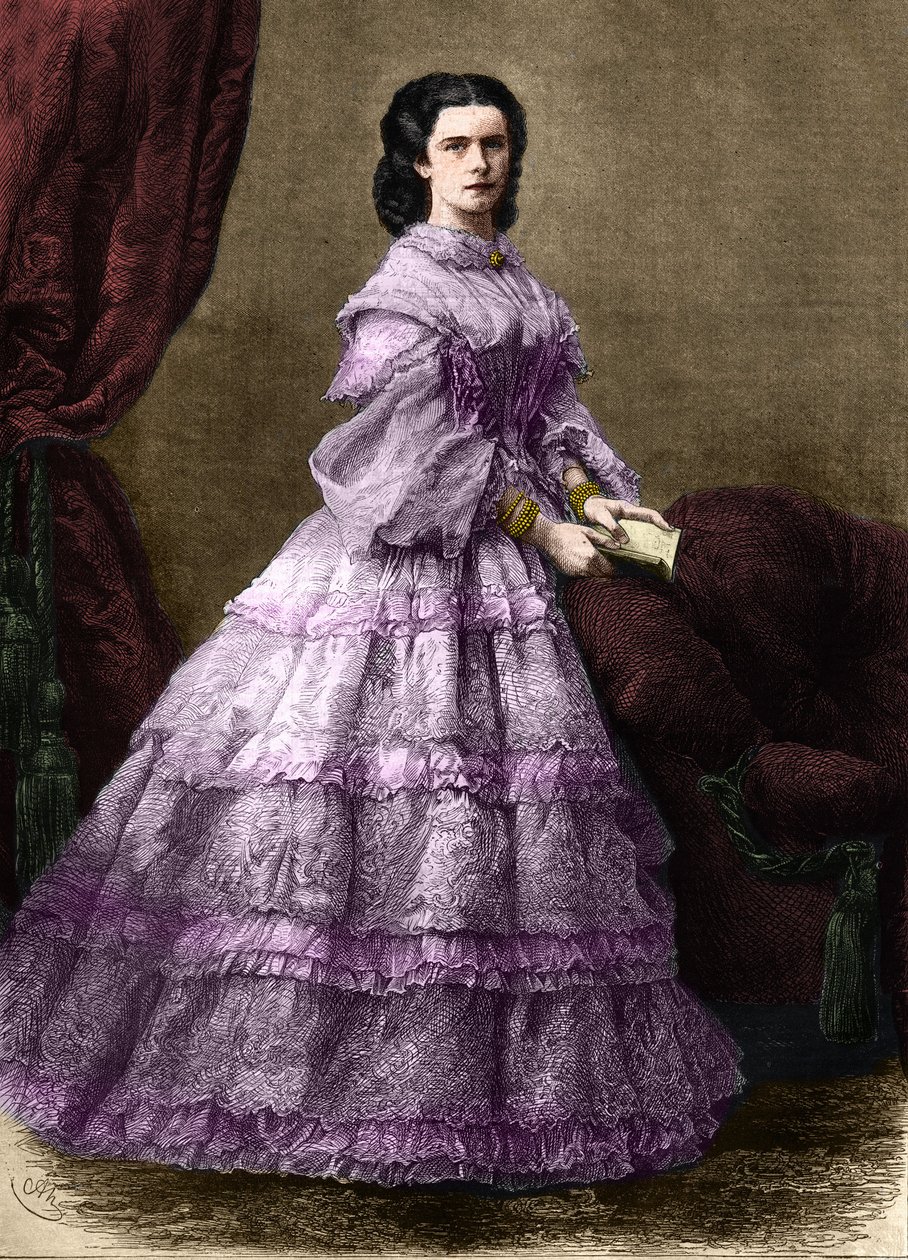 Portrait of Elisabeth de Wittelsbach (1837-1898) (Sissi), Empress of Austria (1854-1898) and Queen of Hungary (1867-1898), née Duchess in Bavaria. Engraving of 1864. Private collection. by Unknown artist