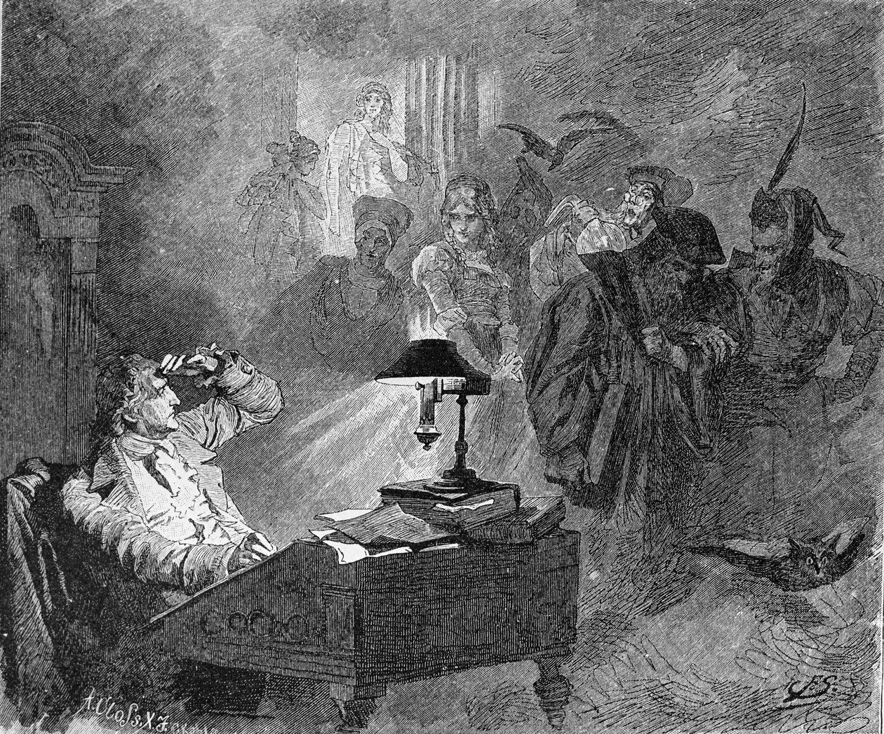 Portrait of Goethe surrounded by Faust characters Engraving