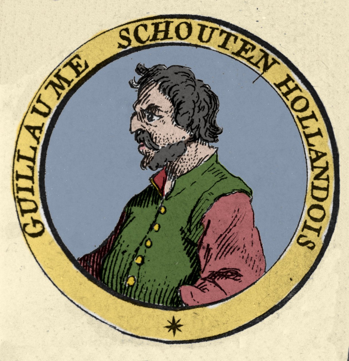 Portrait of Guillaume Schouten, Dutch navigator. Engraving of the 19th century by Unknown artist