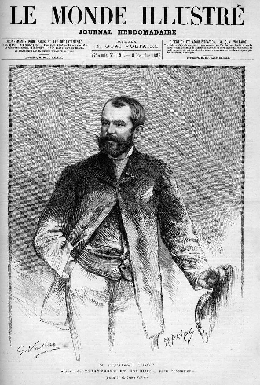 Portrait of Gustave Droz (1832-1895), French Painter and Novelist. Engraving in Le Monde Illustre by Unknown artist