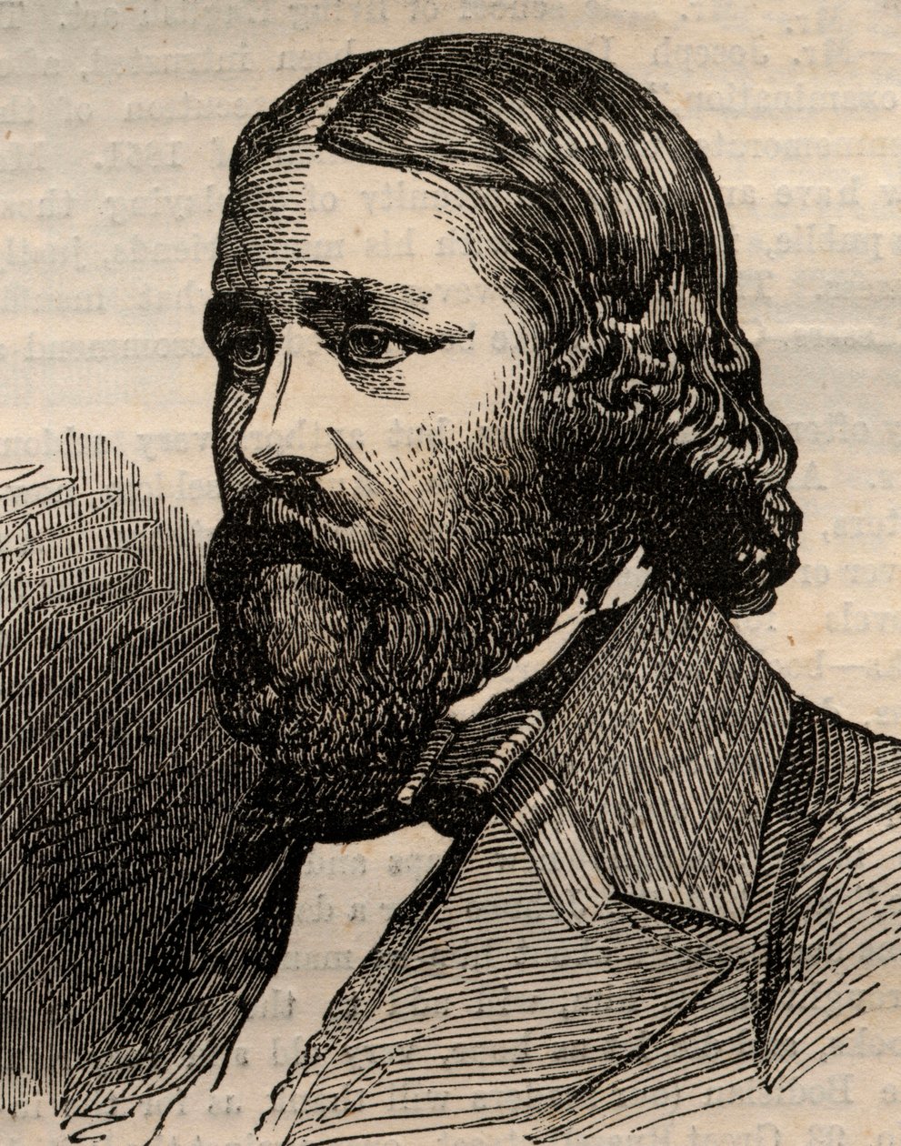 Portrait of James Russell Lowell, American poet. Engraving in 