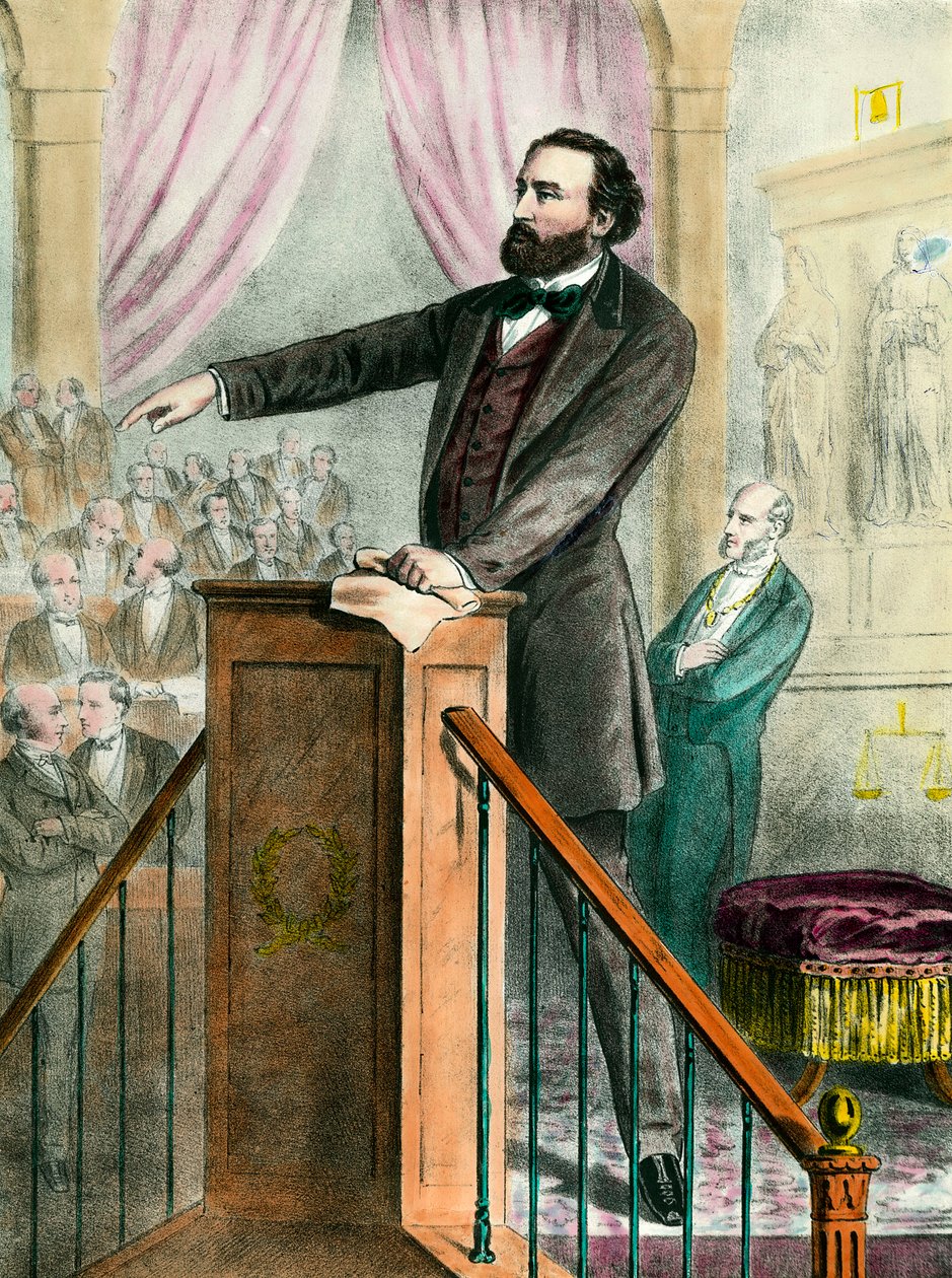 Portrait of Leon Gambetta (1838 - 1882) in the gallery. Engraving of the 19th century by Unknown artist