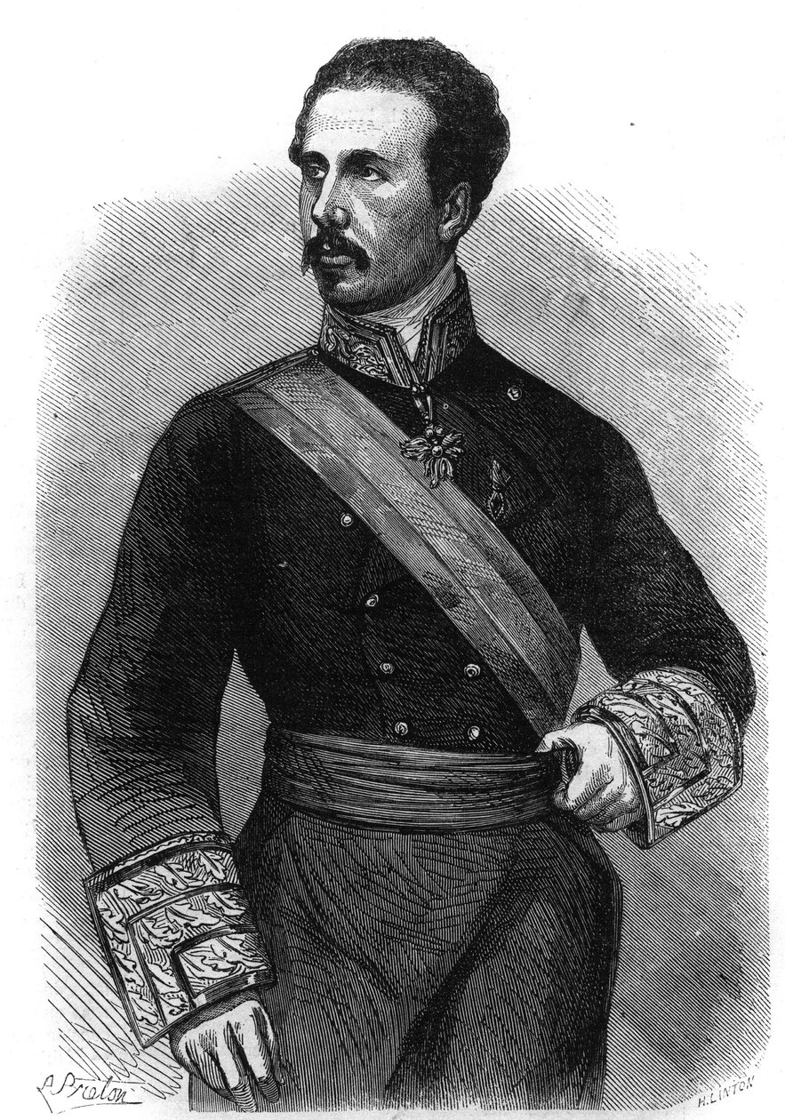 Portrait of Marie Ferdinand Francois of Assisi de Bourbon, King of Spain (1822-1902). Engraving in "The Illustrious Universe" by Unknown artist