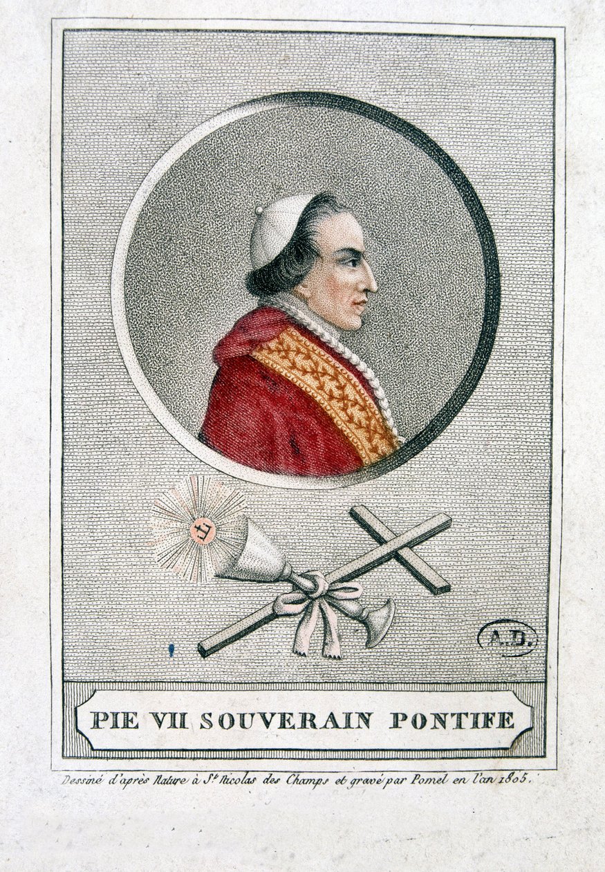 Portrait of Pius VII (1742 - 1823) in medallion - engraving by Unknown artist