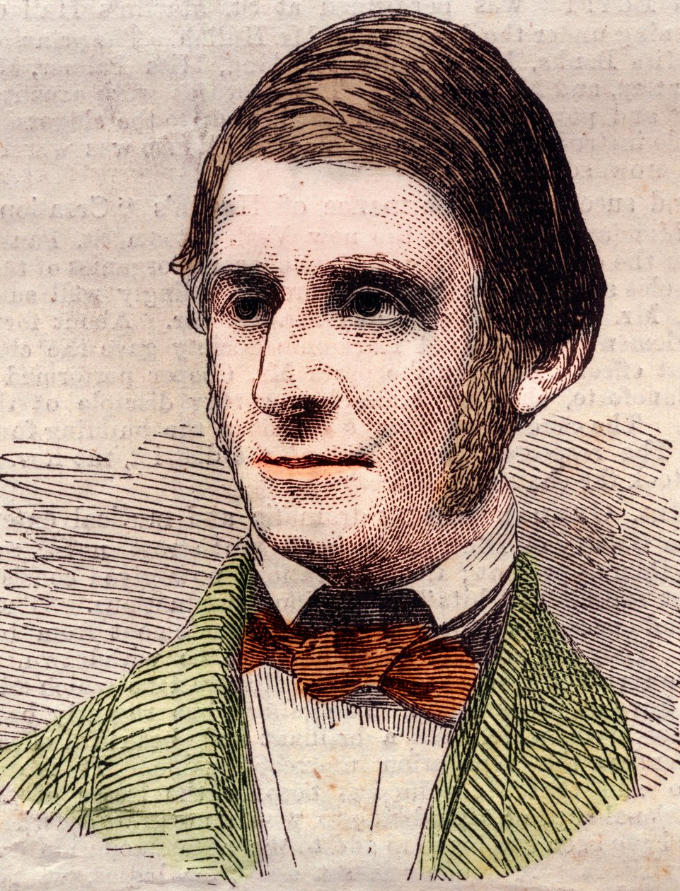 Portrait of Ralph Waldo Emerson, essayist, philosopher, American poet. Engraving in 