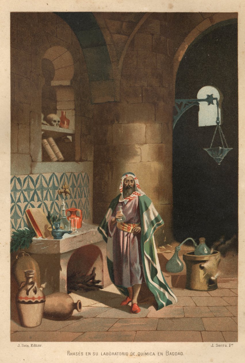 Portrait of Rhases (Rhazes, Razi, Al-Razi, Razis, or Rases) (840-923) Persian scientist in his laboratory in Baghdad. Barcelona 1881 by Unknown artist