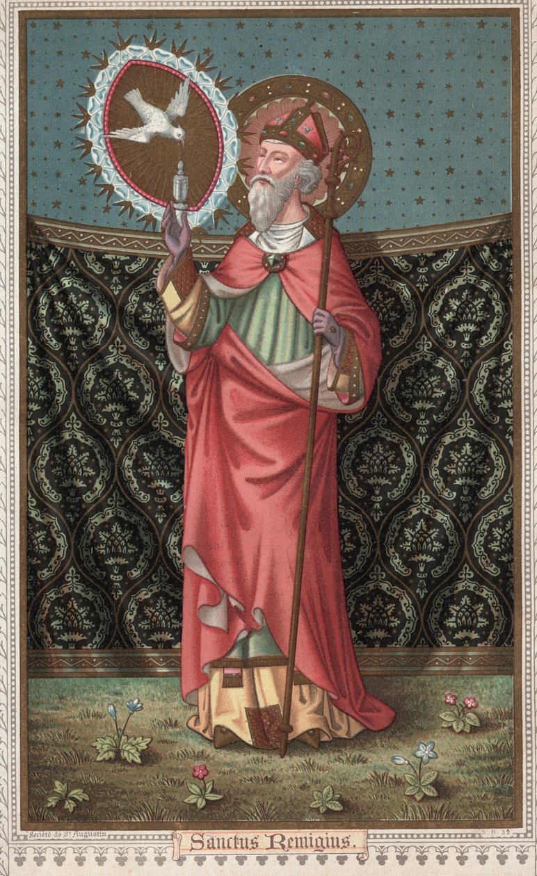 Portrait of Saint Remi (437-533) Visited by the Dove of the Holy Spirit. Chromolithography of the Late 19th Century by Unknown artist