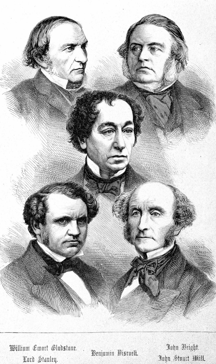 Portrait of William Ewart Gladstone, John Bright, Lord Stanley, John Stuart Mill and Benjamin Disraeli - in 