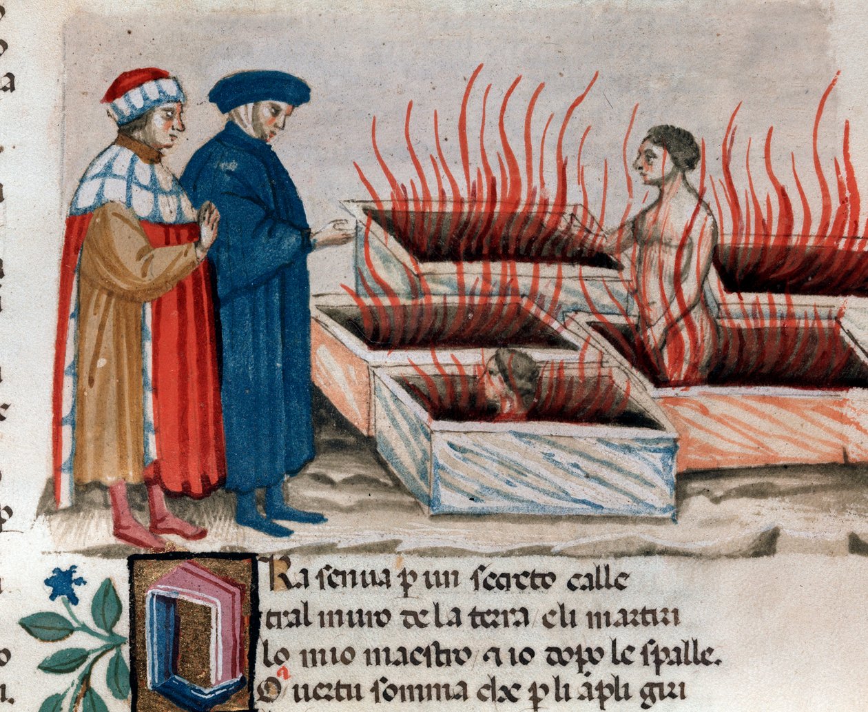 Portrait of Italian poet Dante Alighieri with Virgil among heretics as Farinata degli Uberti (song 10 from Hell, in the Divine Comedy) - Miniature 15th century by Unknown artist