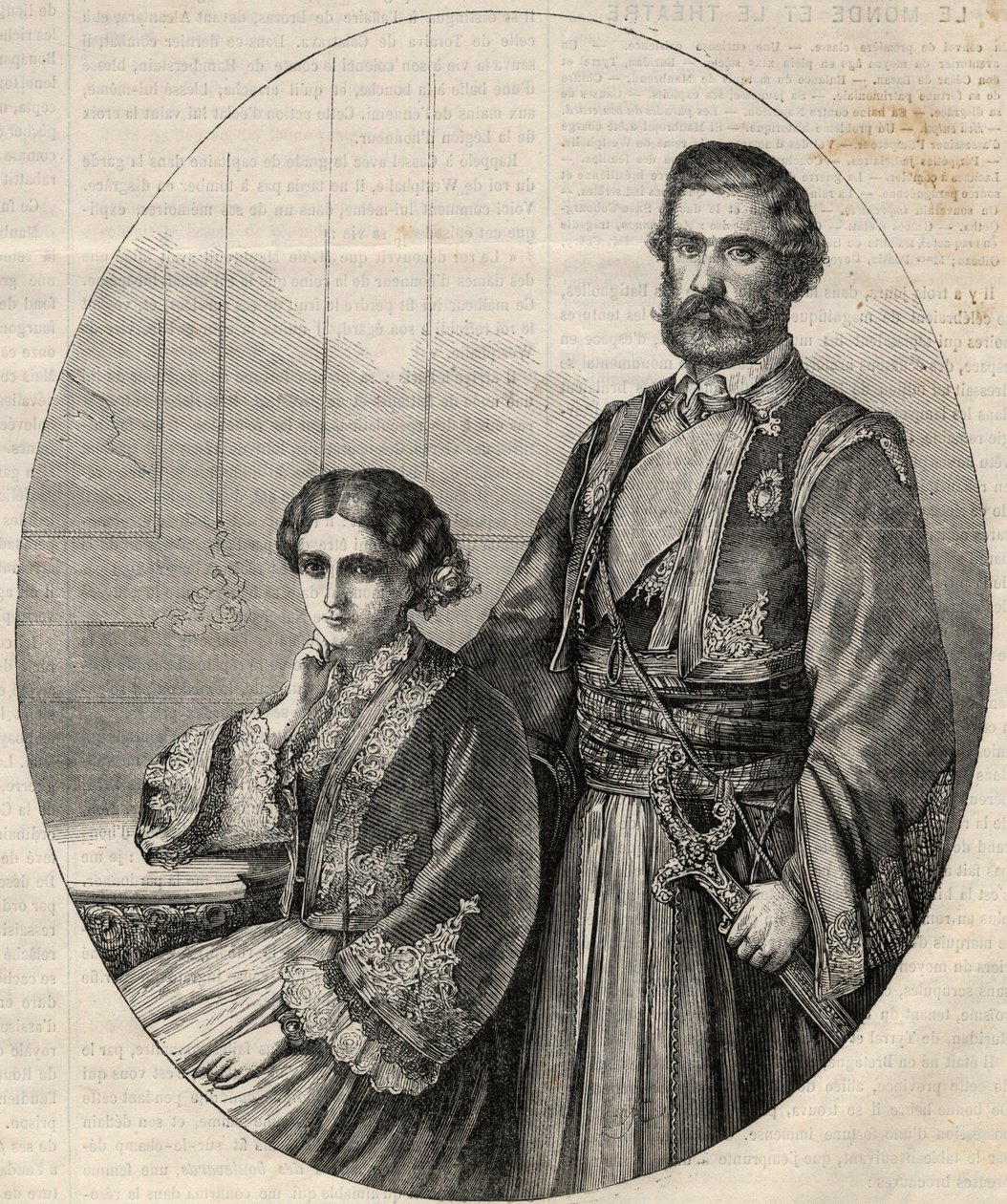 Portrait of the Prince of Serbia Michael III and Princess Julie. Engraving in 