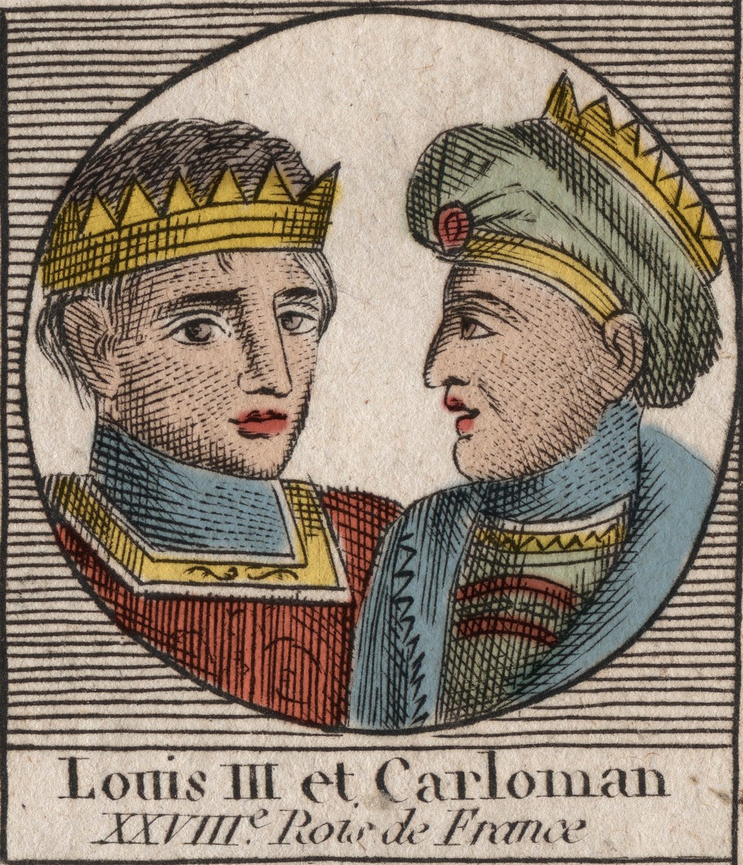 Portraits of Louis III (863/65-882) King of the Franks between 879 and 882 and Carloman II (866-884), King of the Franks from 879 to 884 - engraving from 