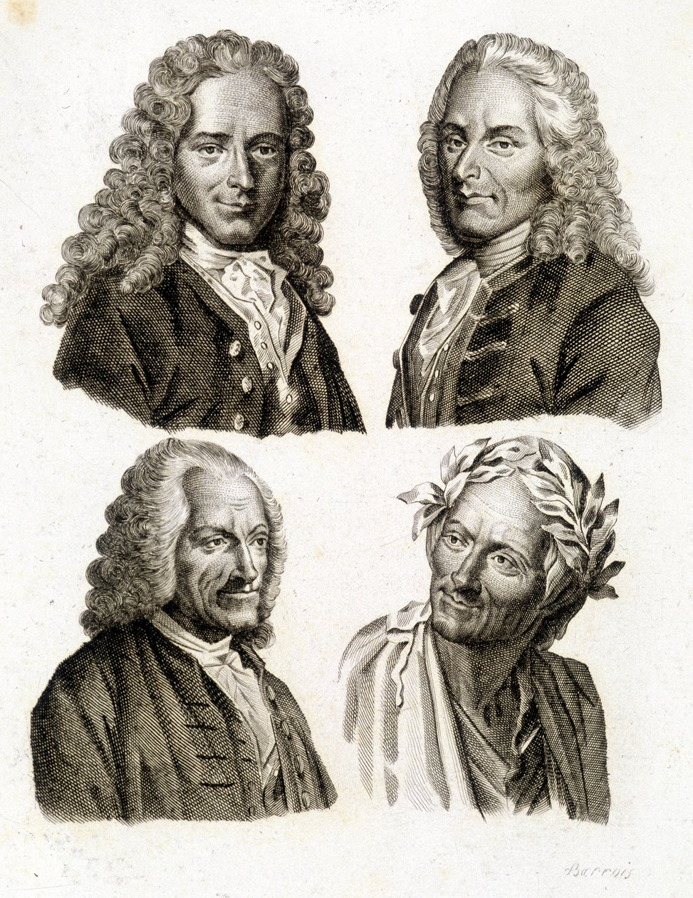 Portraits of Voltaire at different ages - engraving by Unknown artist