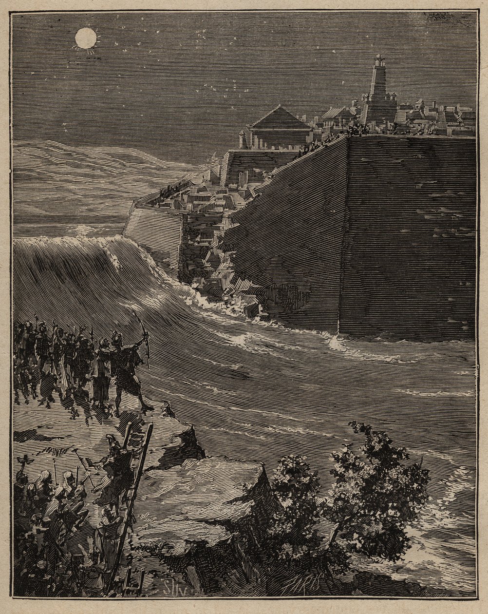 Pottery: Raw Bricks in Ancient Greece. The Army of Pausanias Detours the Course of a River to Destroy the Walls of Raw Brick Protecting the City of Mantinee. Engraving from 1885 in 