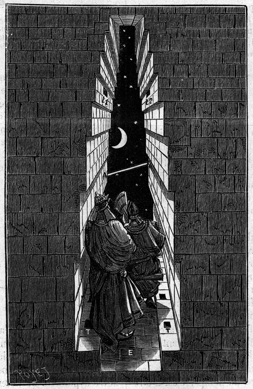 Priests of ancient Egypt observing the stars in the Great Pyramid of Kheops (Cheops, Keops, Khufu) at Giza. Engraving in 