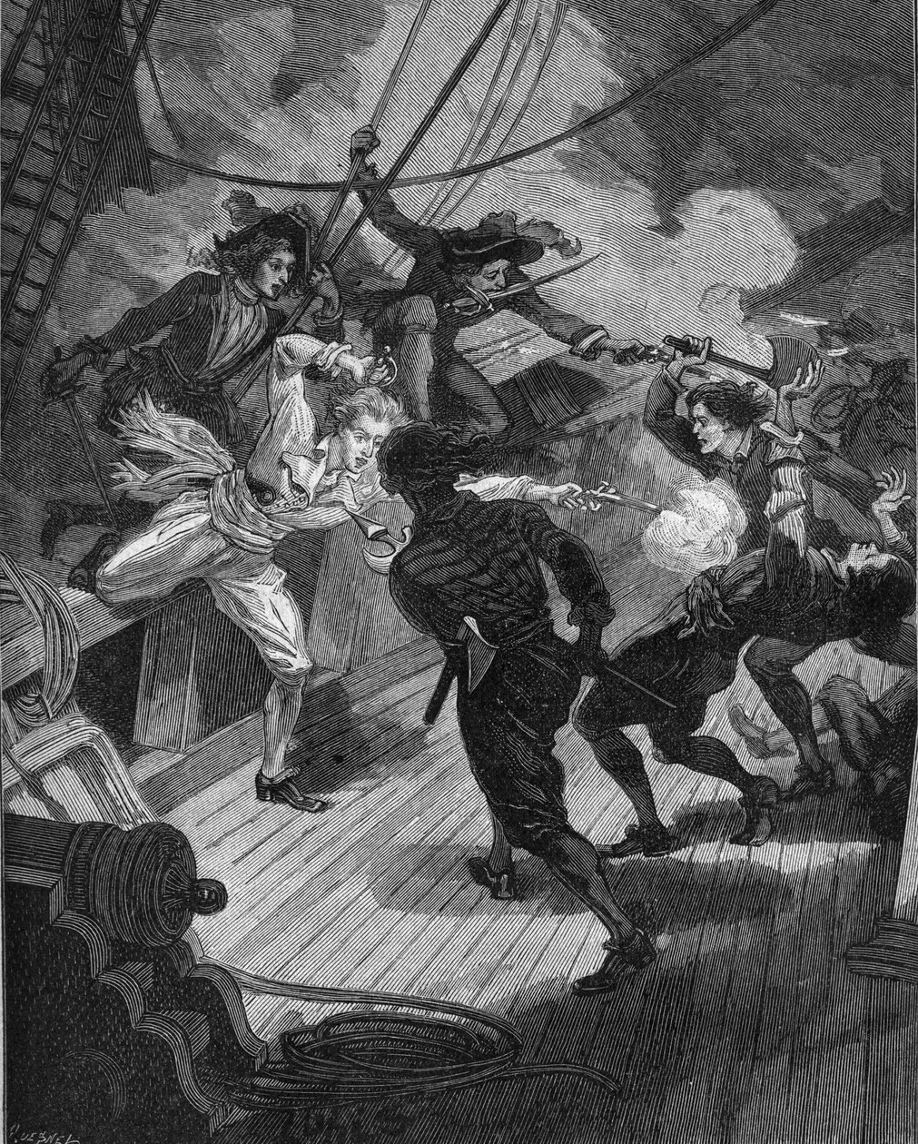 Privateer Jean Bart (1650-1702) approaching a ship. Engraving of the 19th century. In 
