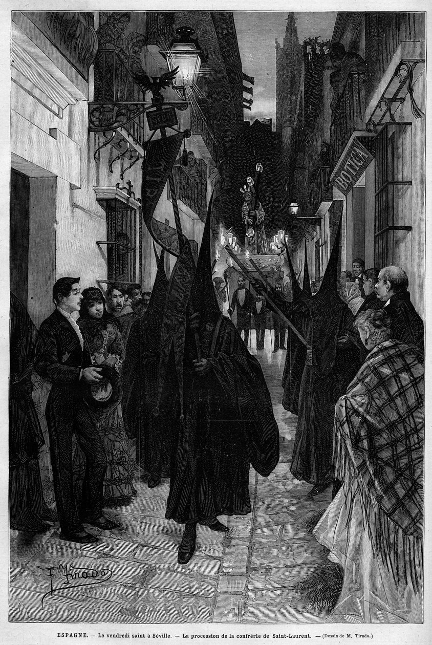 Procession of the Confraternity of Saint Laurent (St. Lawrence) in Seville (Spain) on Good Friday. Engraving in Le Monde Illustre 1883. Private Collection by Unknown artist