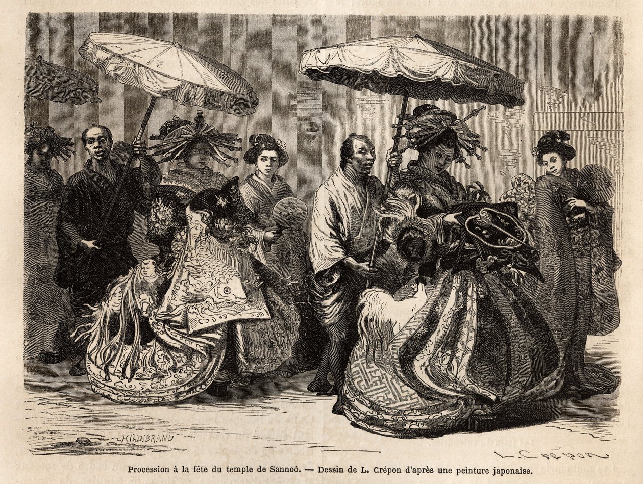 Procession to the Sannoo Temple Feast, dedicated to the memory of Zinmou, founder of the empire of Great Japan, located in Yedo (present-day Tokyo), which takes place on the 15th day of the 6th month of the year. The procession is pele mele represented by Unknown artist
