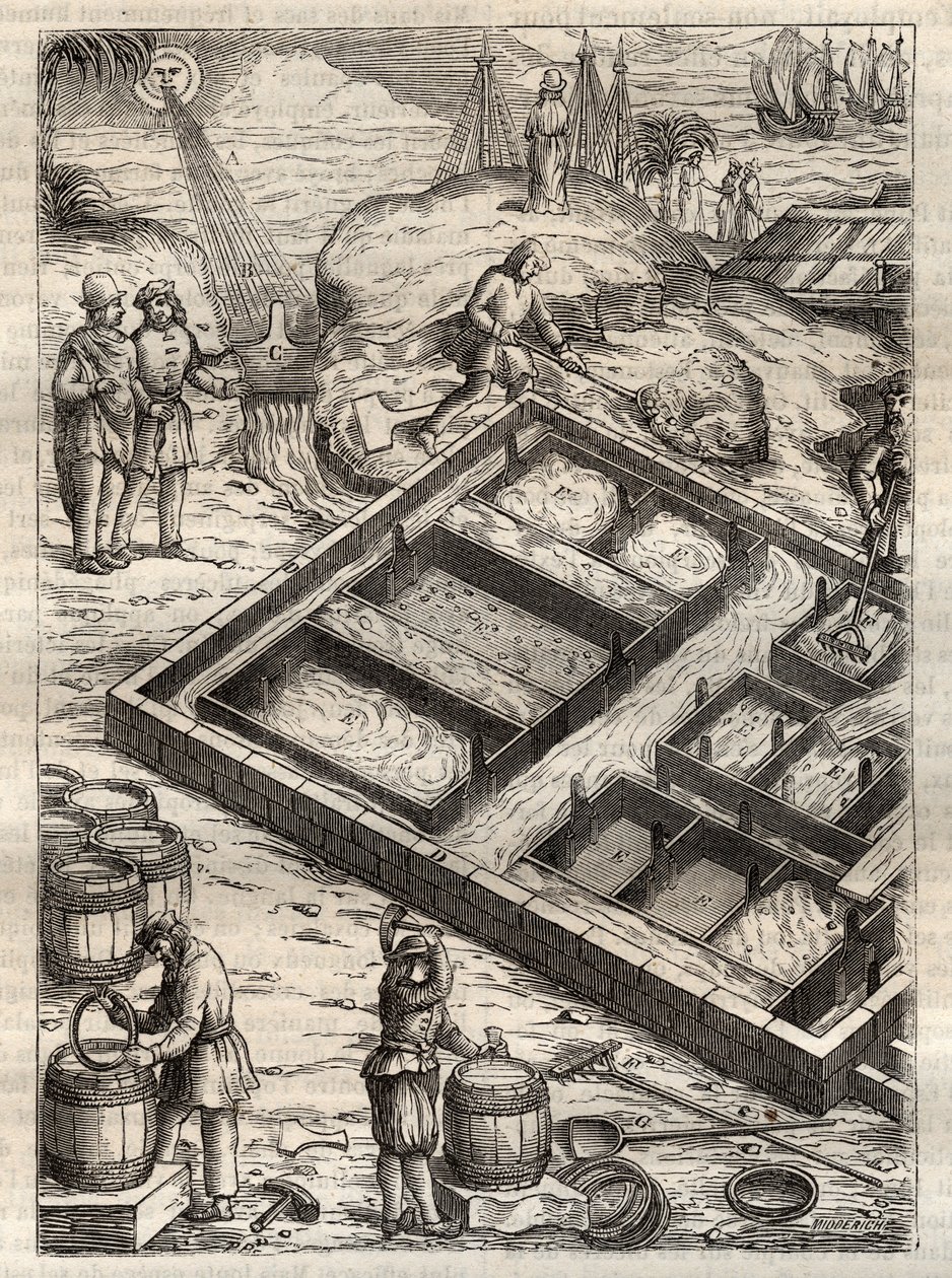 Producing salt by evaporating sea water in salt pans. From 