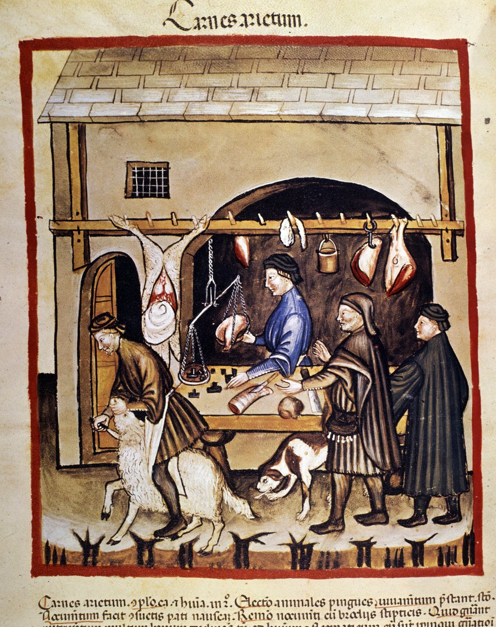 Production and sale (butcher) of sheepmeat. A sheep is slaughtered. Illumination from the 