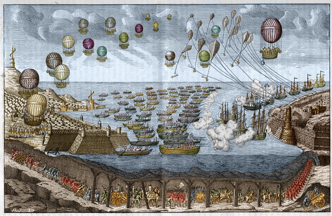 Project of Attack Against England in 1803 by Napoleon I - French Troops Walk Through the Channel Tunnel While Ships and Balloons Attack by Sea and Air - Engraving of 1803 by Unknown artist