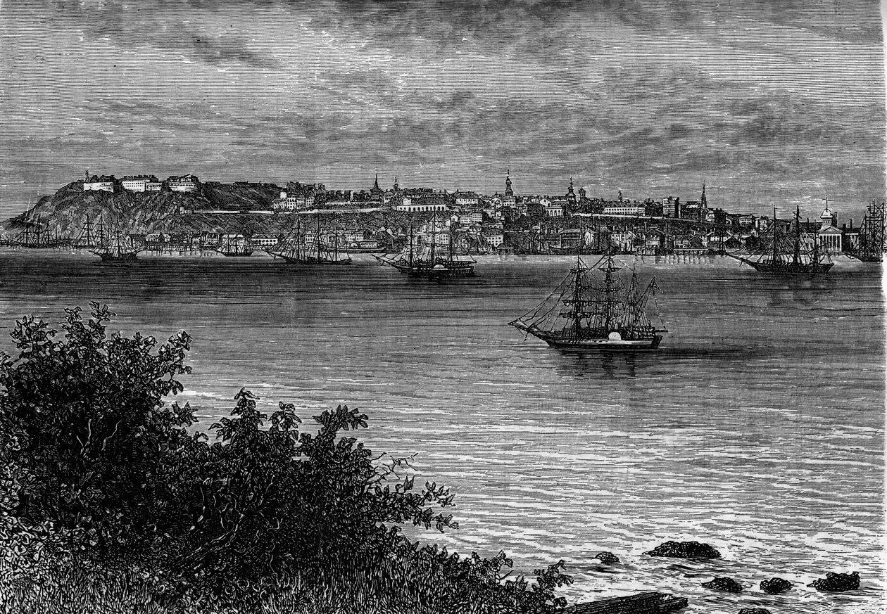 Quebec City, Canada, from the right bank of the St. Lawrence. Engraving in 