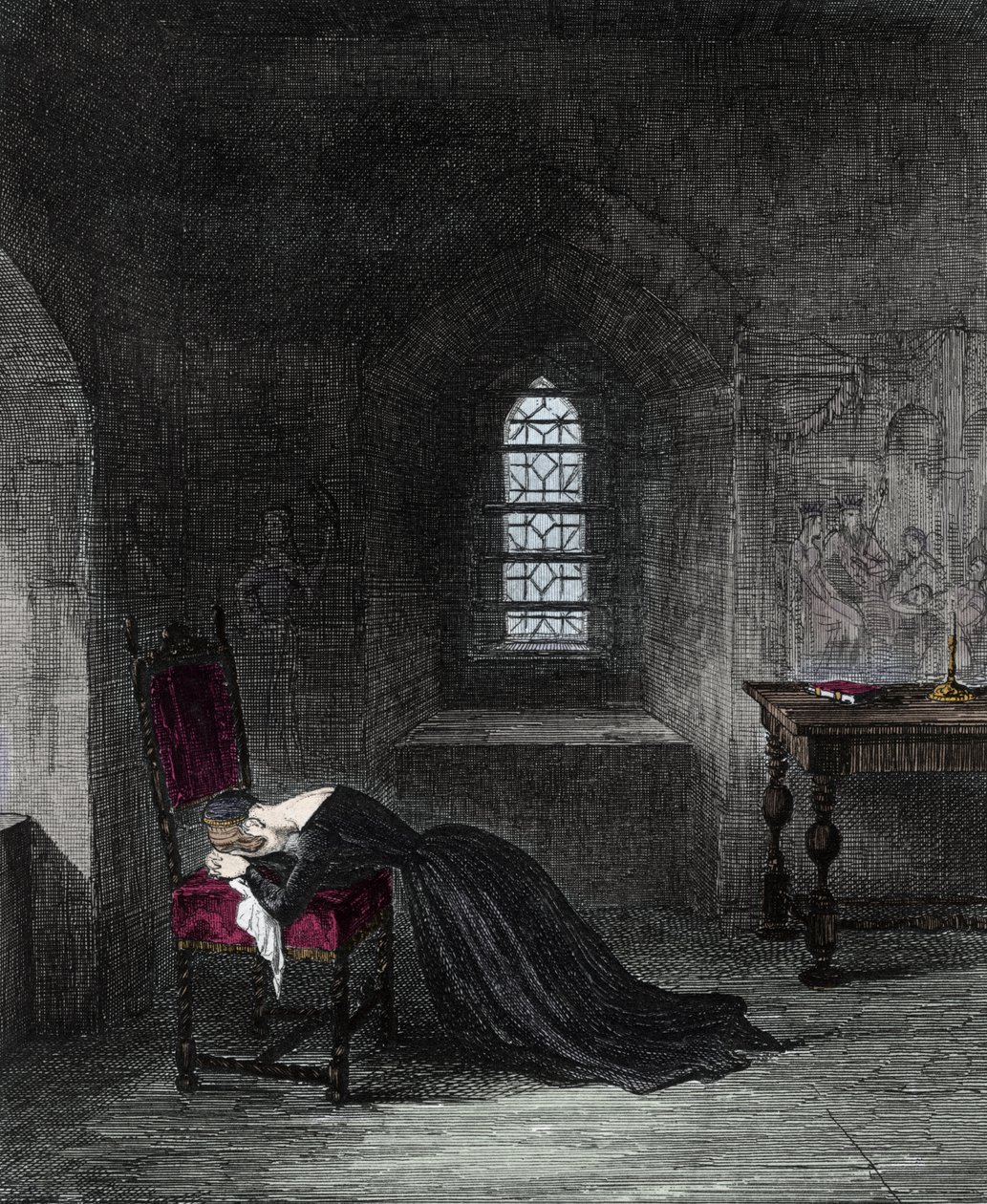 Queen Jane Grey is prisoner in the Tower of London. Lady Jane Grey, niece of King Henry VIII, was Queen of England for 9 days. Her cousin Mary claiming the throne, will have her imprisoned and executed for high treason. Engraving by Unknown artist