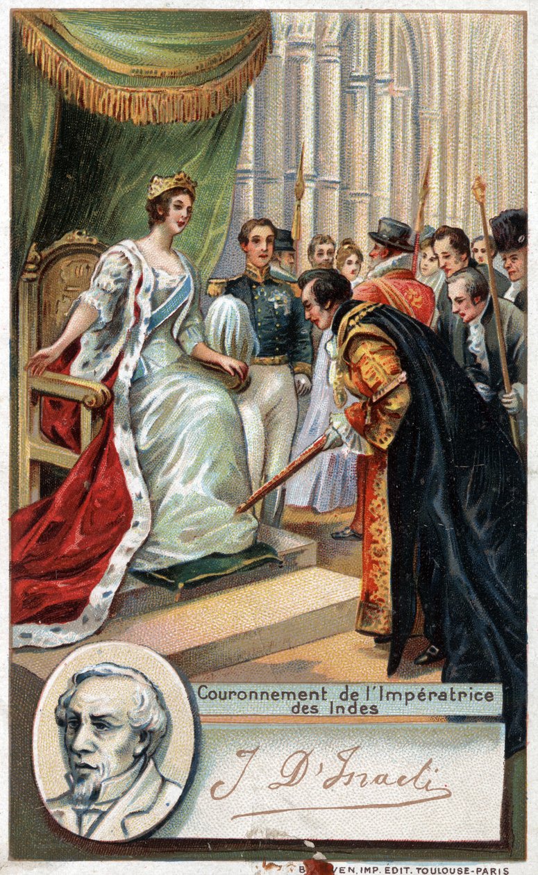 Queen of England Victoria crowned Empress of India 1877 with the support of Benjamin Disraeli. Chromolithography of the 19th century by Unknown artist
