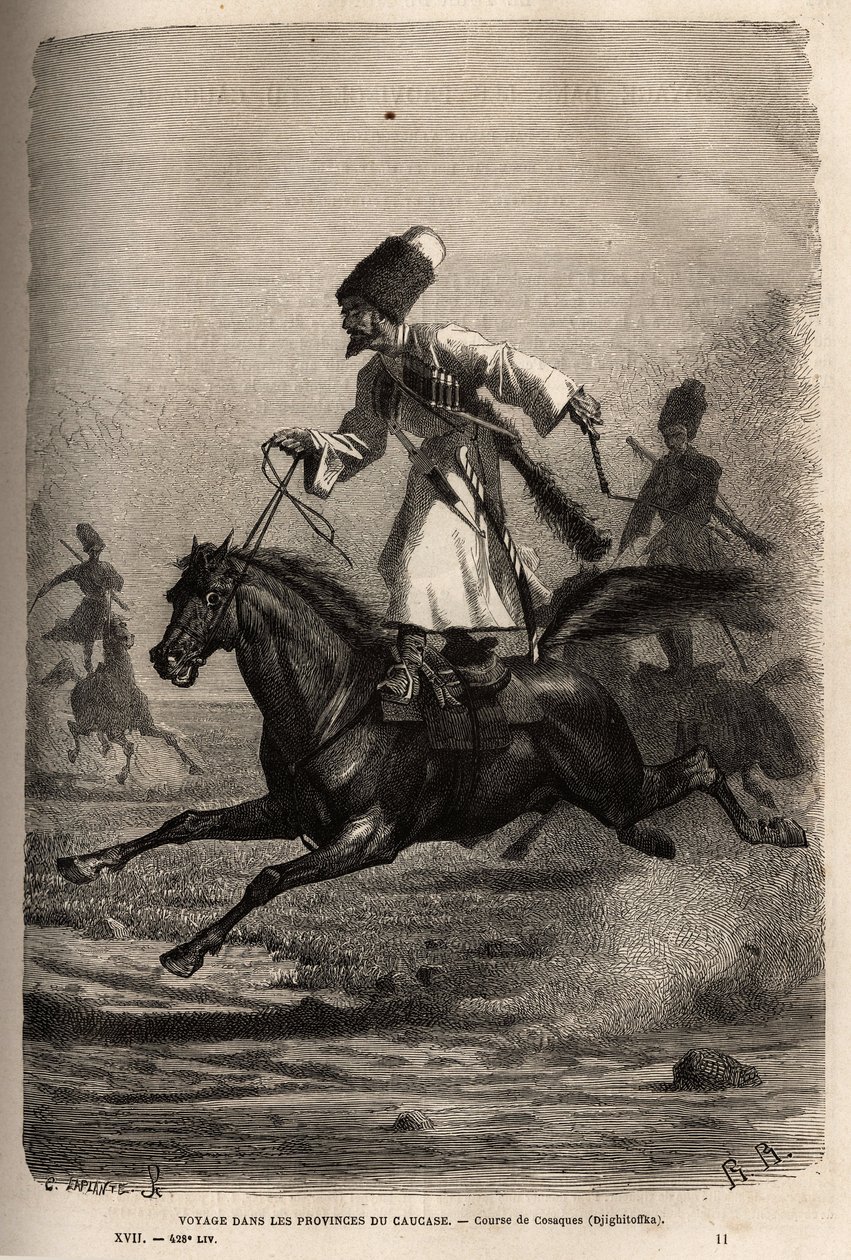 Race of Cossacks, climbs in balance standing on their saddle, riders whip their horses to make them gallop. Engraving to illustrate the voyage in the provinces of the Caucasus, by Basile Vereschaguine, in 1864-1865, published in Le tour du monde by Unknown artist