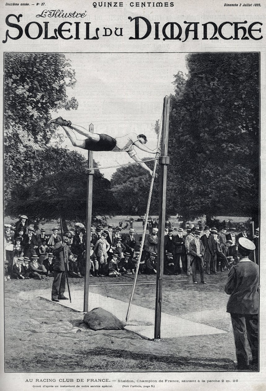 Racing club of France. Sheldon, champion of France, jumps 2.95 m to jump a la Perche. Engraving in Le sun-du-dimanche, July 2 by Unknown artist