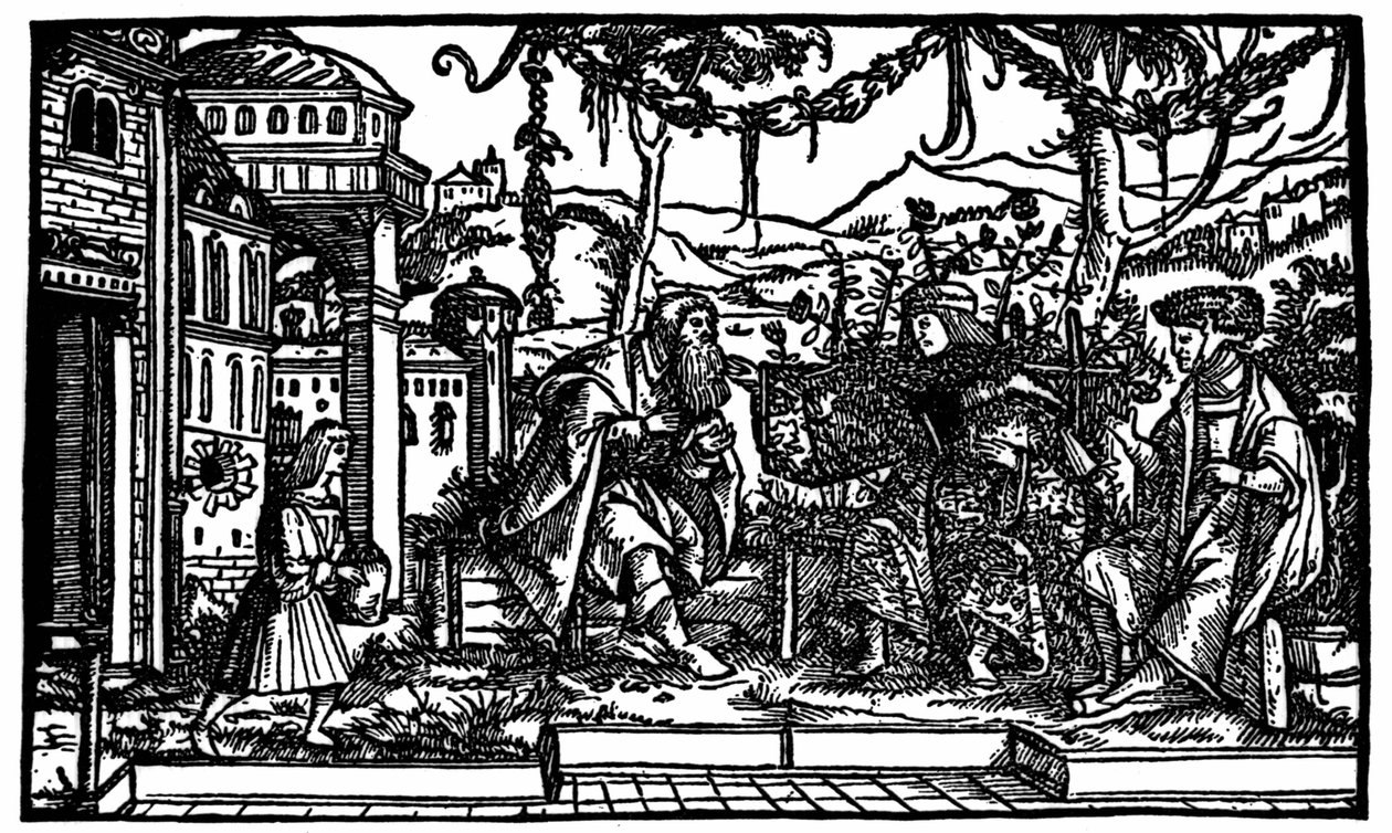 Raphaël Hythlodée, a traveller who spent five years in Utopia, tells Thomas More and Pierre Gilles about his journey. Xylography published in the edition of “Utopia” by Thomas More (1478 - 1535) of 1516. by Unknown artist