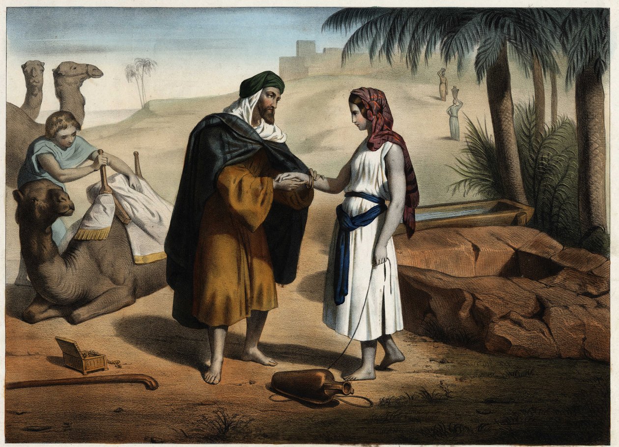 Rebecca and Eliezer at the well: Eliezer of Damascus, charged with finding a wife for Isaac in Mesopotamia, brings Rebecca back. Anonymous engraving of the 19th century by Unknown artist