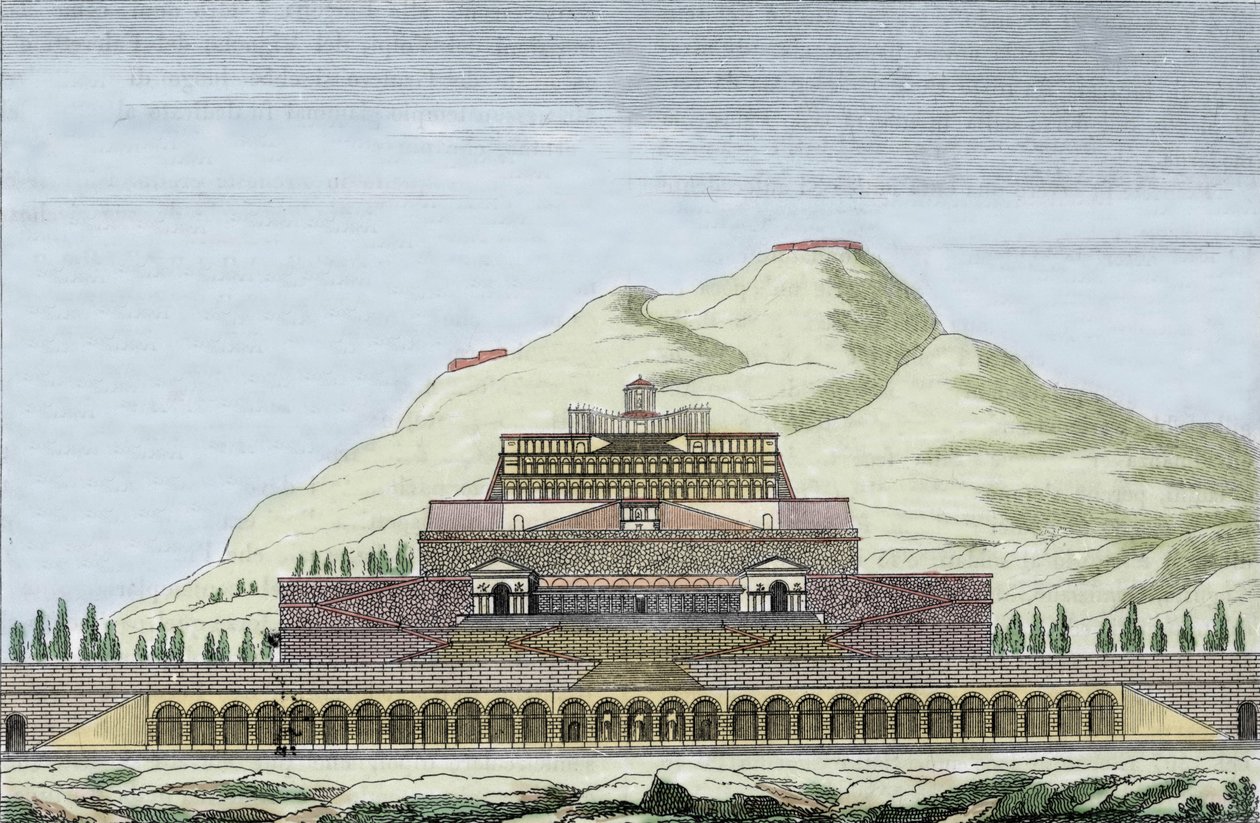 Reconstruction of the temple of Fortuna in Palestrina, Italy. Engraving of the 19th century. by Unknown artist