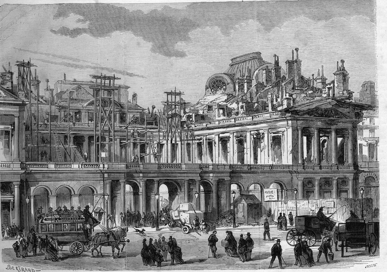 Reconstruction works of the Royal Palace (Palais-Royal) in Paris. Engraving in 