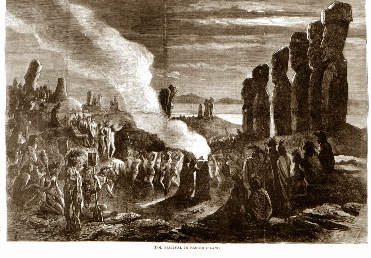 Religious ceremony on Easter Island (Rapa Nui), Polynesia (19th century engraving) by Unknown artist
