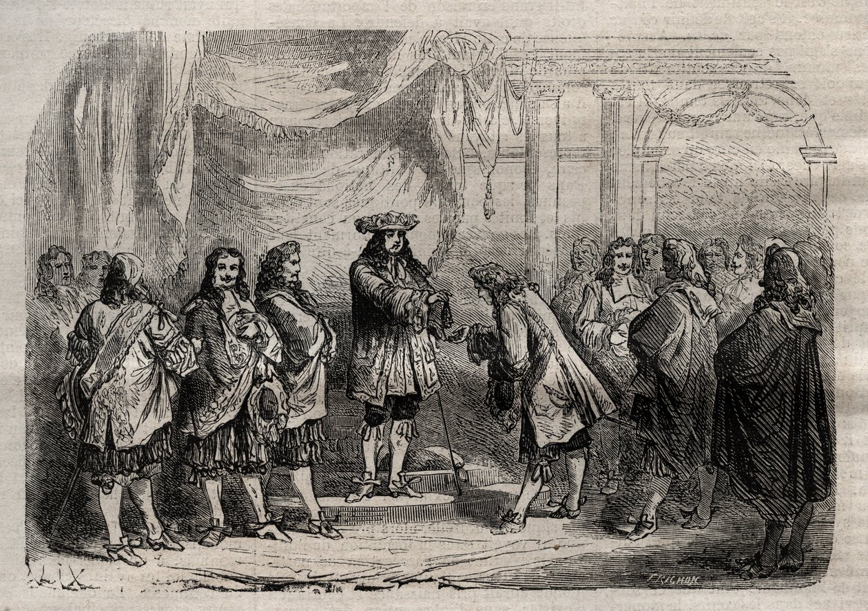 Rene Duguay Trouin (1673-1736) receiving the cross of Saint-Louis from the hands of King Louis XIV - engraving in 