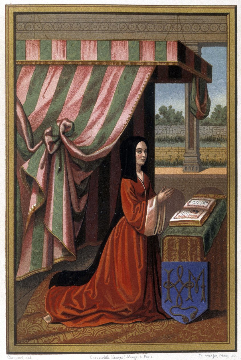 Representation of Anne de France known as Anne de Beaujeu (1461-1522) in prayer. She is the daughter of Louis XI and Charlotte de Savoie. Chromolithography after illumination by Unknown artist